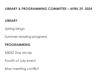 Library and Programming agenda 